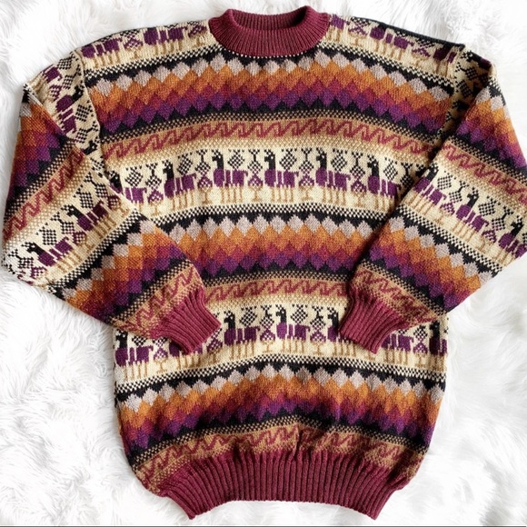 Vintage Hand Knit Alpaca Llama Sweater 
